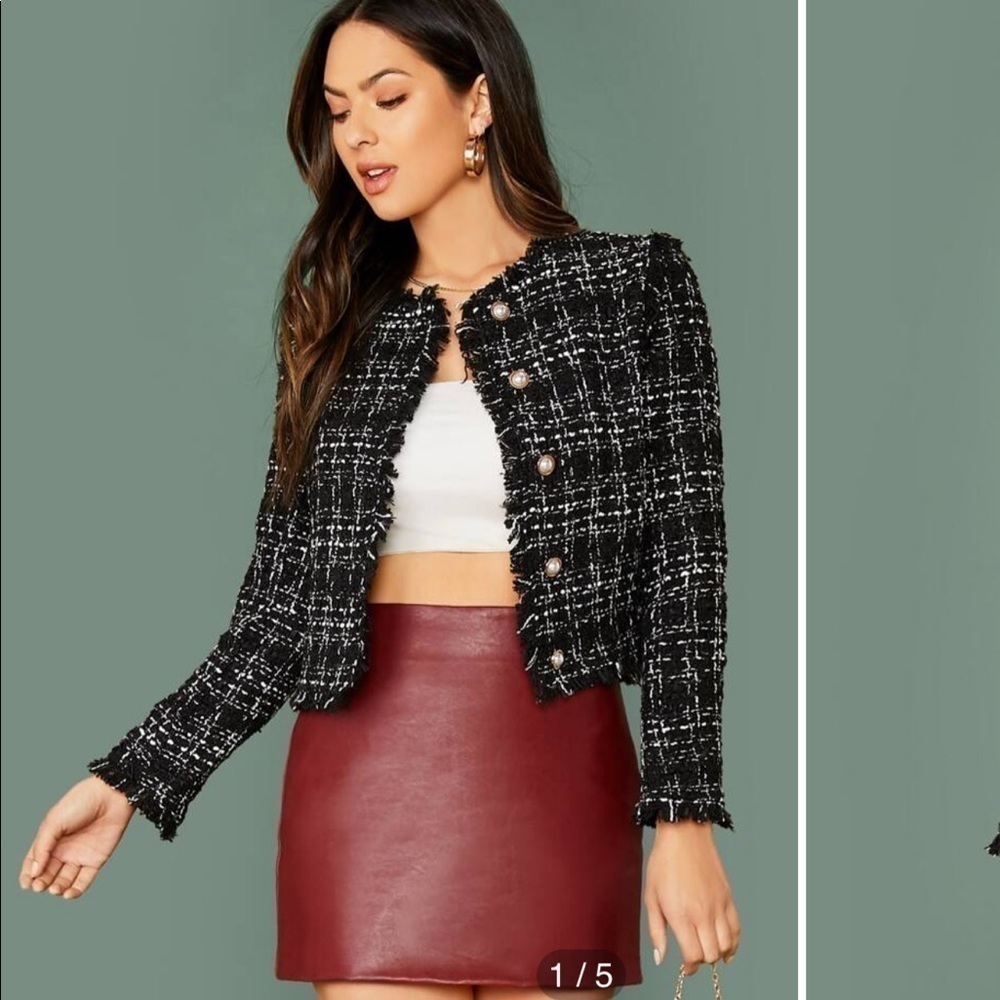 SHEIN• NWOT Buttoned Frayed Trim Tweed Jacket